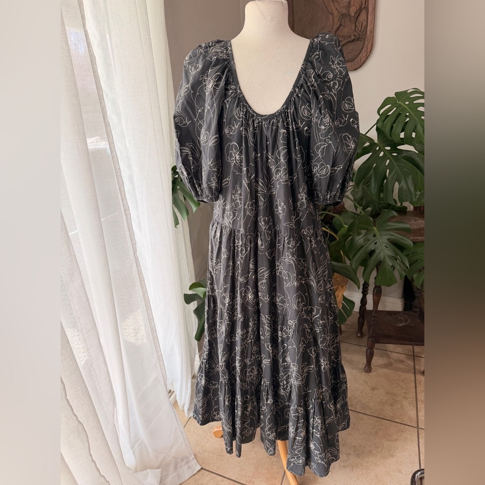 NWT World Market Gray Floral Midi Dress | Puff Sleeve | Tiered | Size S
